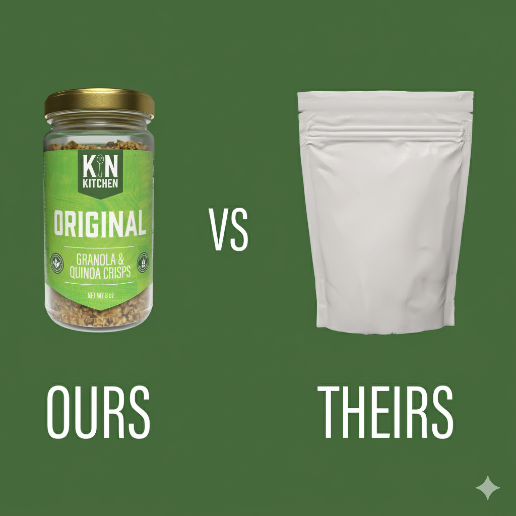 A Kin Kitchen glass jar next to a standard plastic granola bag