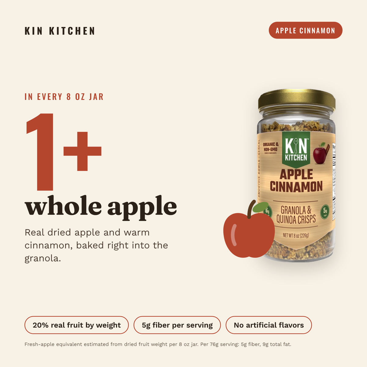 Apple Cinnamon: more than a whole apple in every 8 oz jar, 20% real fruit by weight, 5g fiber per serving