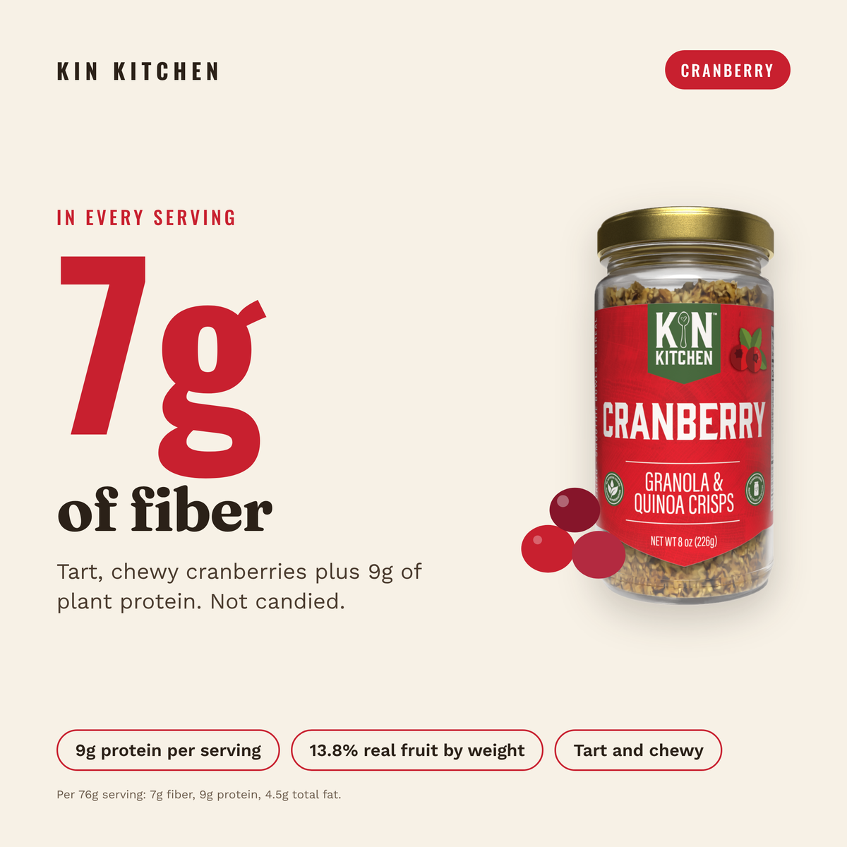Cranberry: 7g fiber and 9g protein per serving, tart and chewy cranberries
